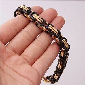 STAINLESS STEEL BYZANTINE MECHANIC SILVER BLACK BIKER BRACELET GOLD BLACK